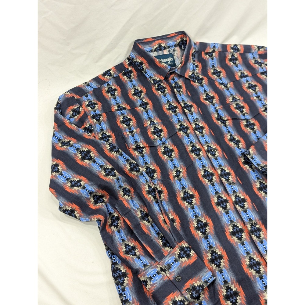 Vintage‎ Wrangler Aztec Pearl Snap Mens Cowboy Dress Shirt Blue Size Large - Picture 2 of 10